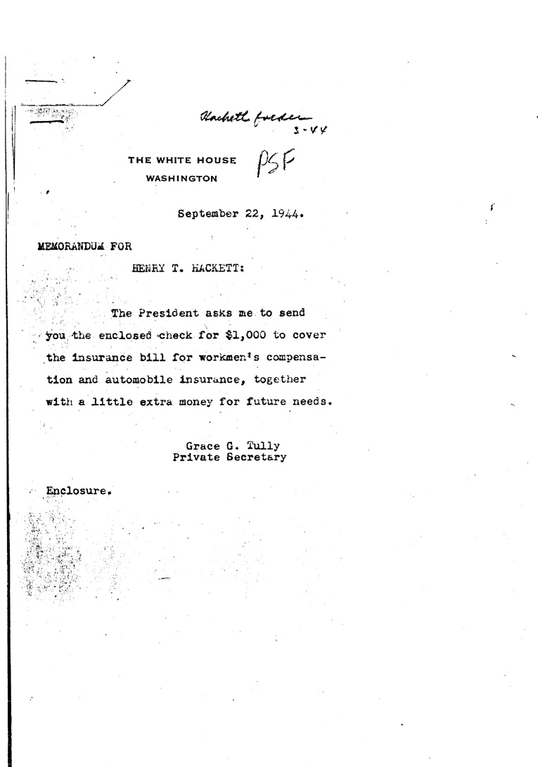 [a909ei01.jpg] - Memo to Hackett from Grace G. Tully September 22, 1944