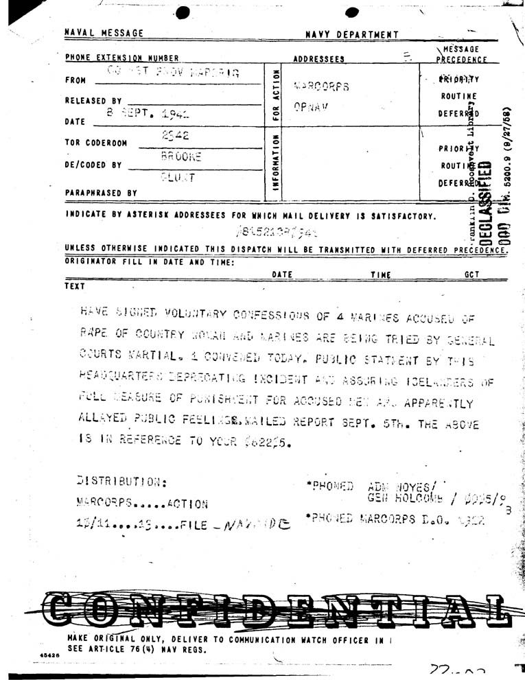 [a33c02.jpg] - Memorandum for President - General Marston's Report on the rape case  Sept 9th 1941
