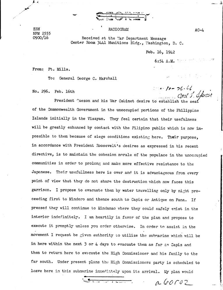 [a60r02.jpg] - MacArthur to Marshall 2/16/42