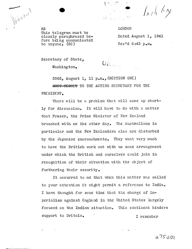 [a75d01.jpg] - Winant to Acting Secreatry for FDR 8/1/41