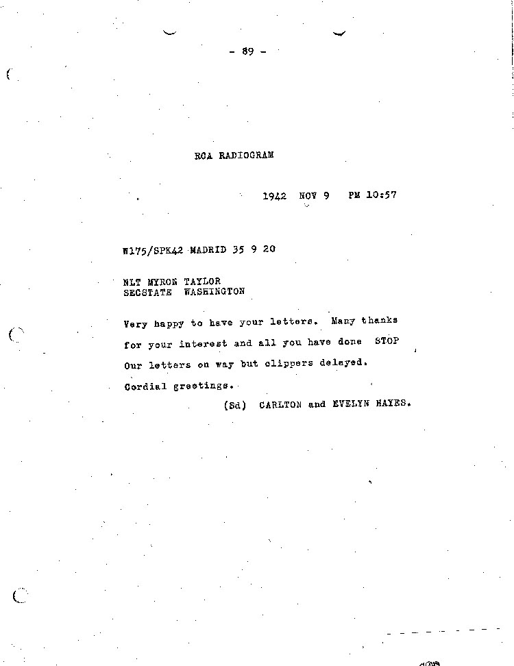 [a467af01.jpg] - RCA Radiogram from Hayes to Taylor 11/9/42