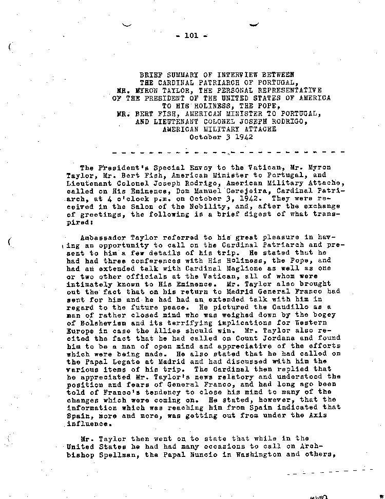 [a467ai02.jpg] - Brief Summary of Interview between the Cardinal Patriarch of Portugal, Taylor, Pope Pios XII, Bert Fish, and Lt. Col. Joseph Rodrigo, 10/3/42