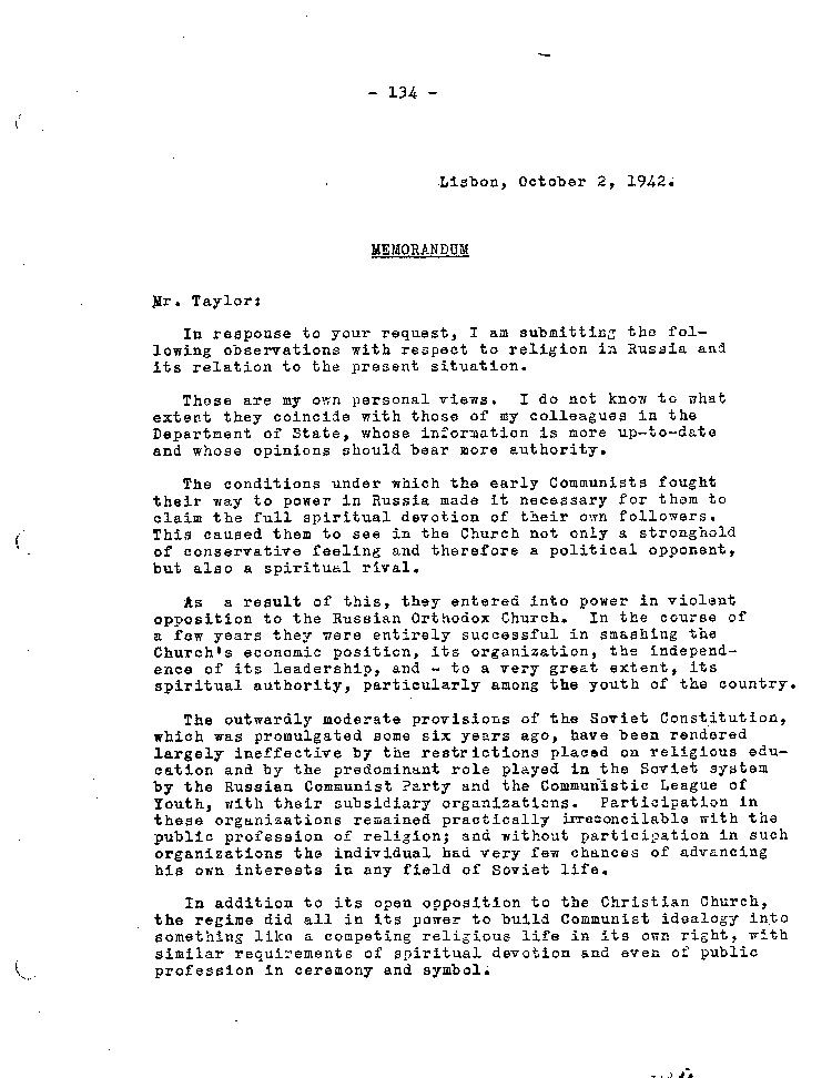 [a467aw01.jpg] - Memorandum for Taylor from George Kennan 10/2/42
