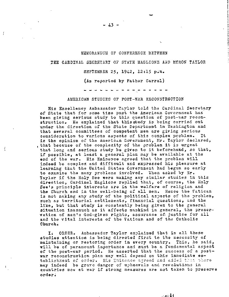 [a467r01.jpg] - Memorandum of Conference Between Cardinal Secretary of Sate and Taylor 9/25/42