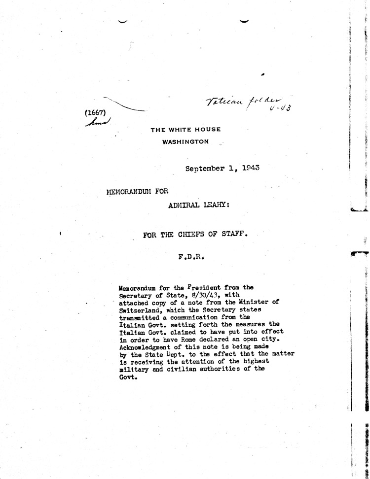 [a468aa01.jpg] - Memorandum: FDR --> Admiral Leahy 9/1/43