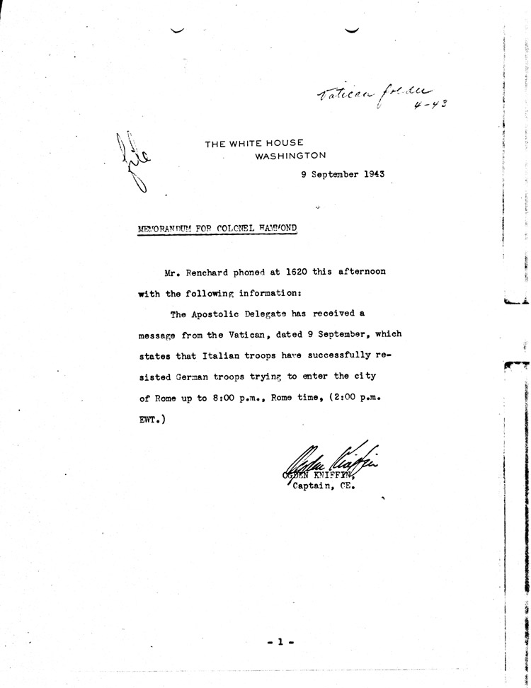 [a468ad01.jpg] - Memorandum: Ogden Kniffin --> Colonel Hammond  9/9/43