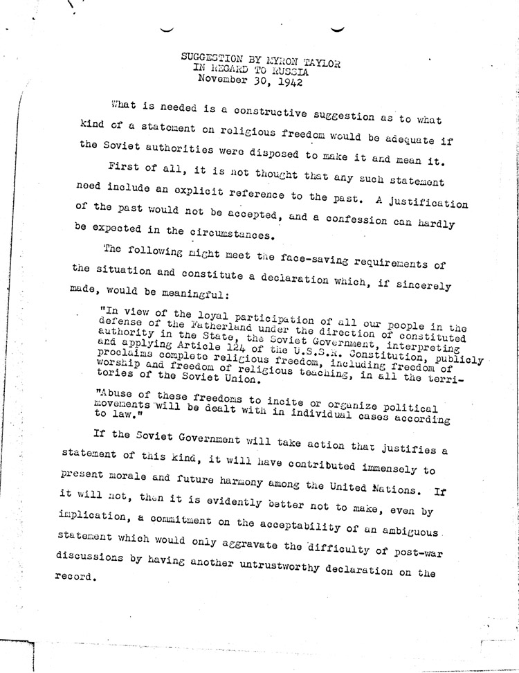[a468ae13.jpg] - Suggestion by Myron Taylor in Regard to Russia 11/30/42