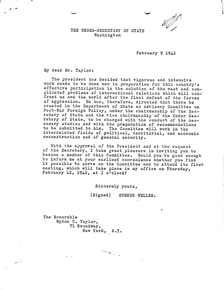 [a468ae19.jpg] - Sumner Welles --> Myron Taylor 2/9/42