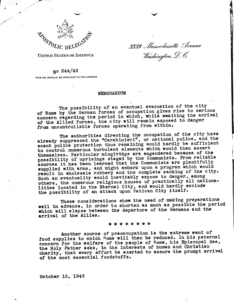 [a468af02.jpg] - Memo from Apostolic Delegation 10/12/43