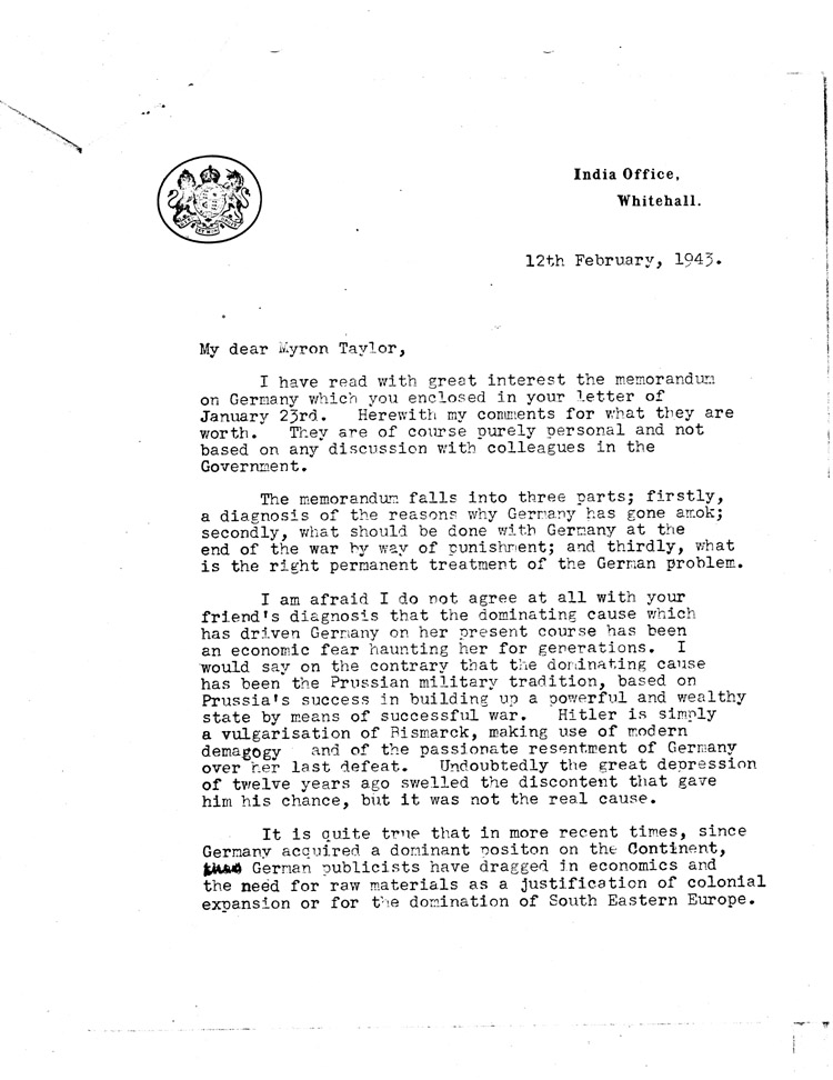 [a468d02.jpg] - Leopold Amery, Minister for India --> Myron Taylor  2/12/43