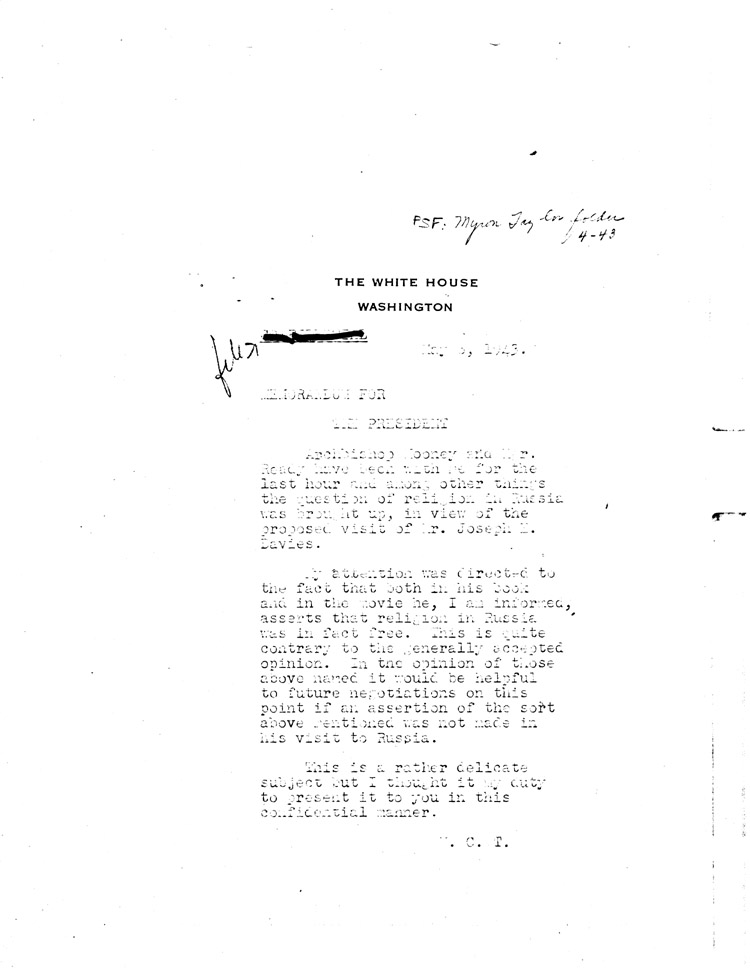 [a468f01.jpg] - Memorandum: Myron Taylor --> FDR 5/6/43