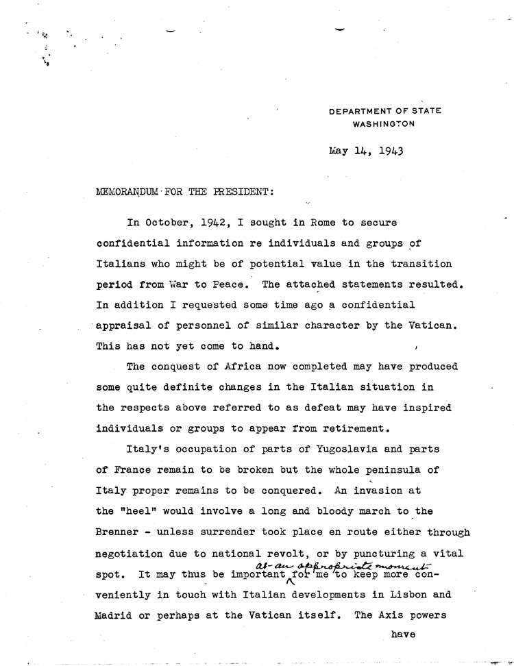 [a468g03.jpg] - Memorandum: Myron Taylor --> FDR 5/14/43
