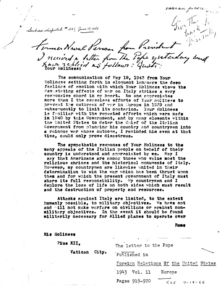 [a468i02.jpg] - FDR --> Pope Pius XII	6/15/43