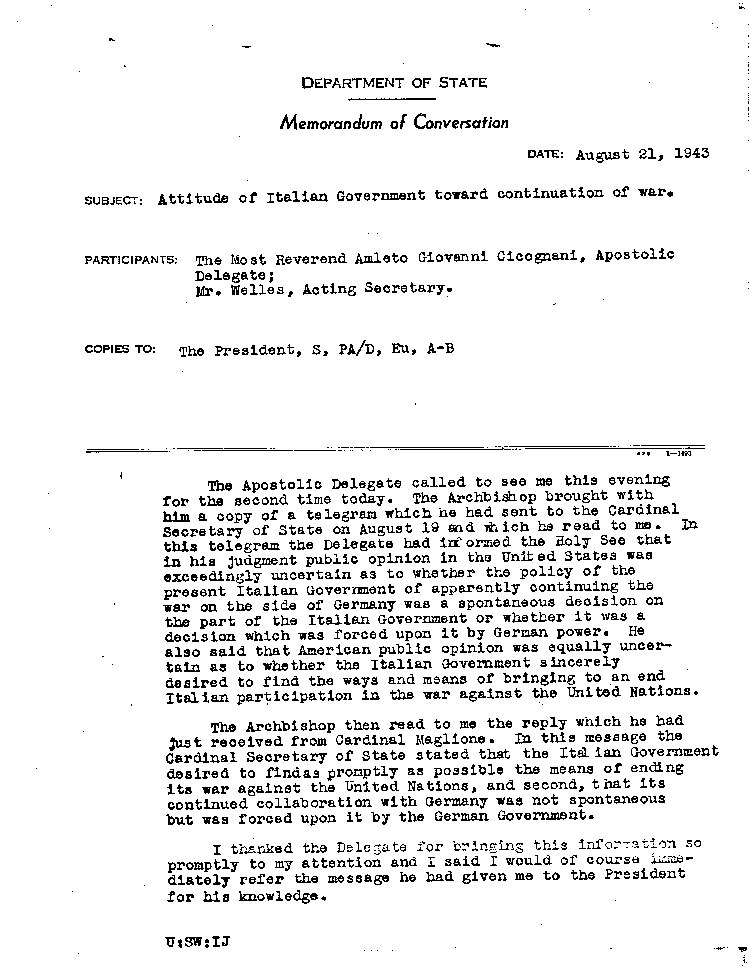 [a468x02.jpg] - Memorandum of Conversation, Cicognani and Welles  8/21/43
