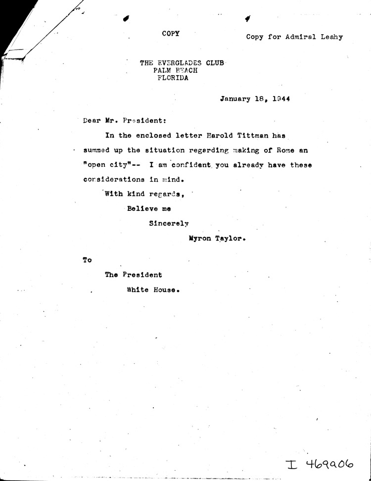 [a469a06.jpg] - Memo: Myron Taylor --> FDR 1/18/98