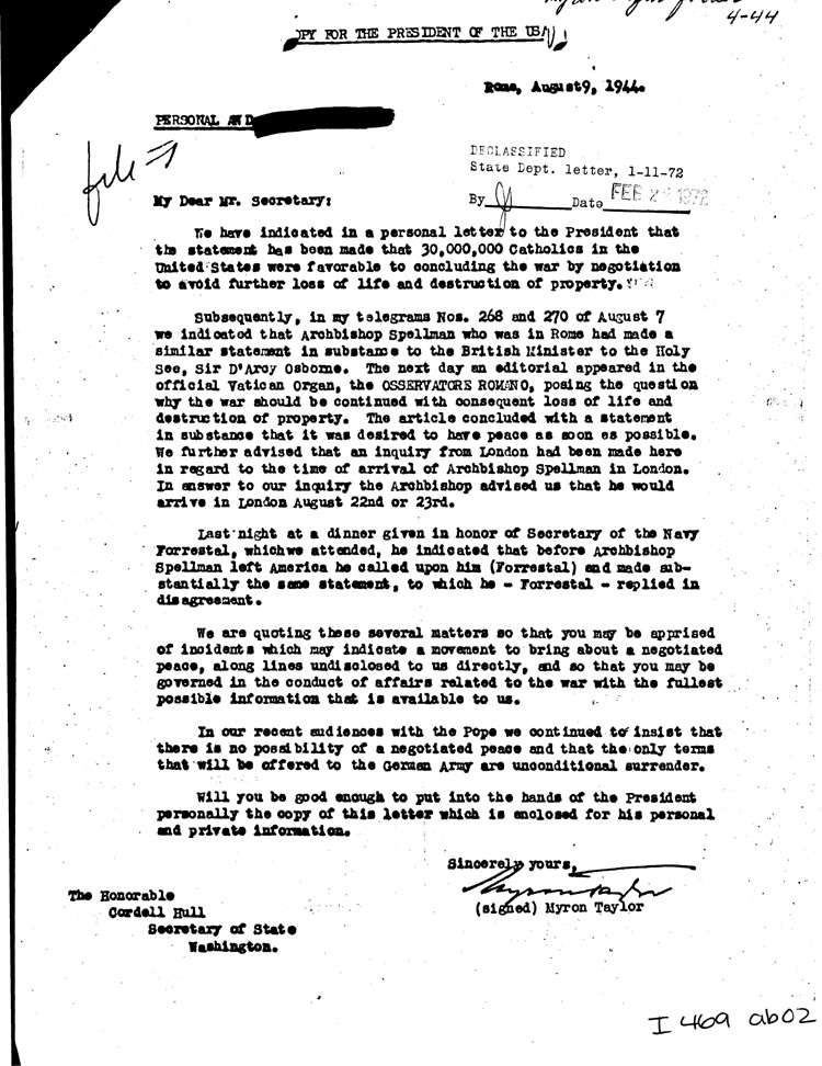 [a469ab02.jpg] - Memo: Taylor --> Mr. Secretary               8/9/44