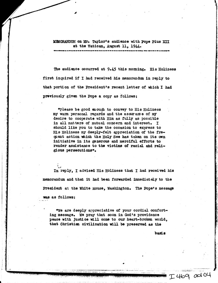 [a469ad04.jpg] - Memorandum: M.T audience w/ Pope          8/11/44