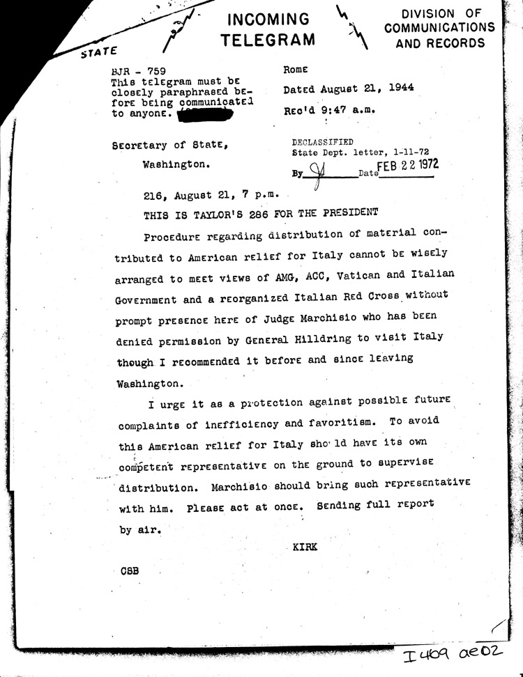 [a469ae02.jpg] - Telegram: Kirk --> Secretary of State          8/21/44