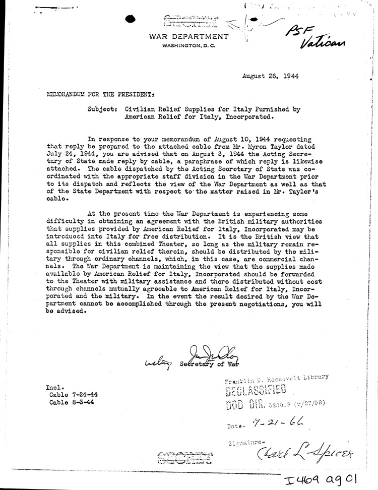 [a469ag01.jpg] - Memo: Secretary of War --> FDR               8/26/44