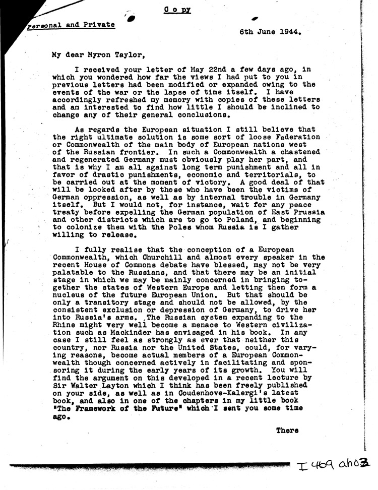 [a469ah03.jpg] - Memo: British Correspondent--> Myron Taylor     6/6/44