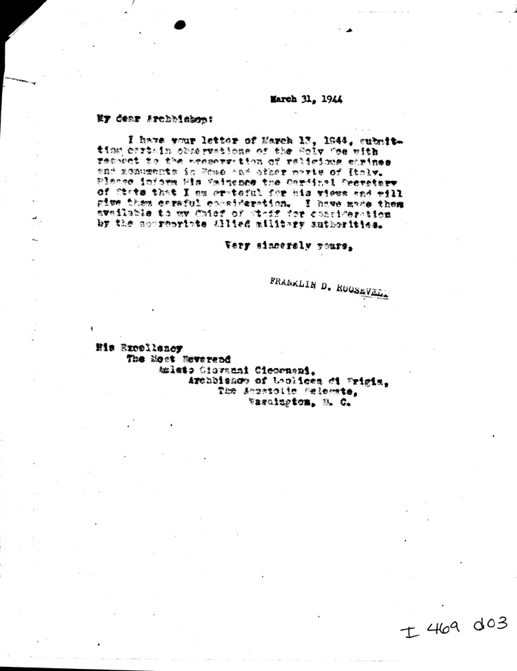 [a469d03.jpg] - Memo: FDR --> Archbishop Cicognani 3/31/44