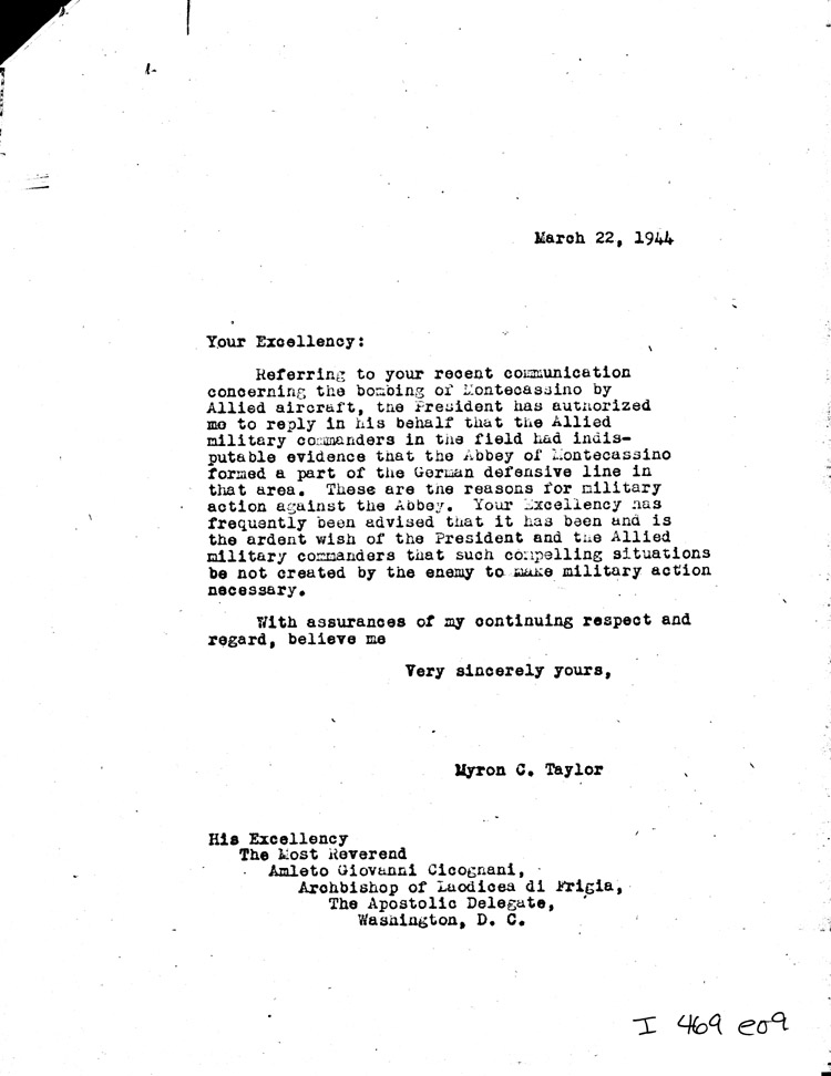 [a469e09.jpg] - Memo: Myron Taylor --> Archbishop Cicognani 3/22/44