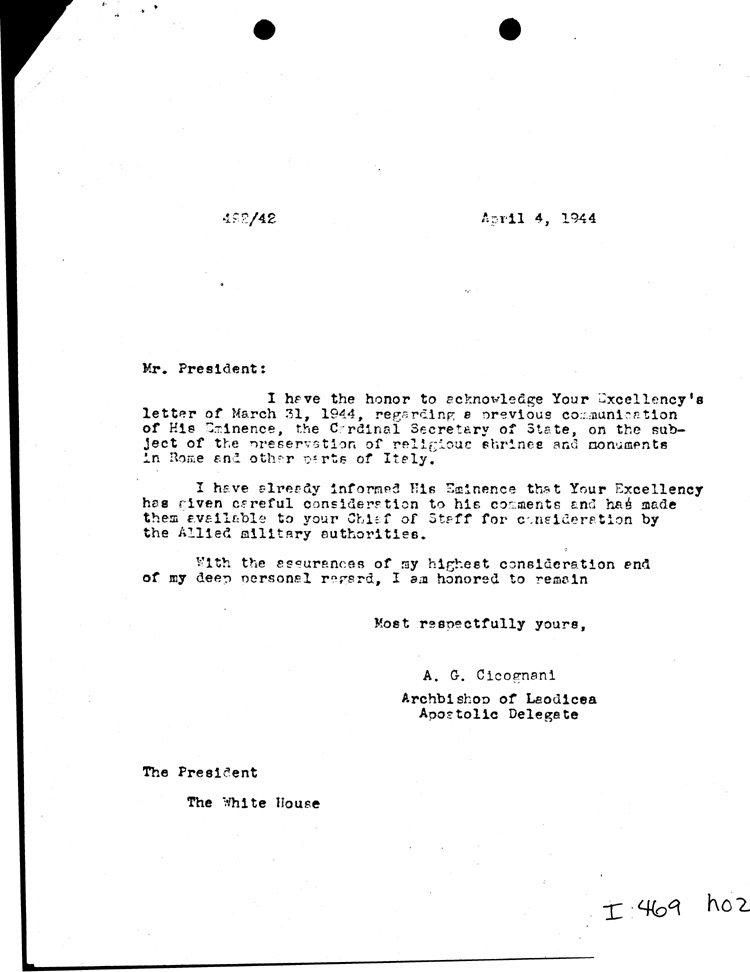 [a469h02.jpg] - Memo: Archbishop Cicognani --> FDR          4/04/44