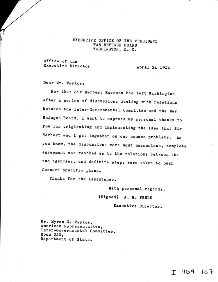 [a469i07.jpg] - Memo: Pehle --> Myron Taylor               4/24/44