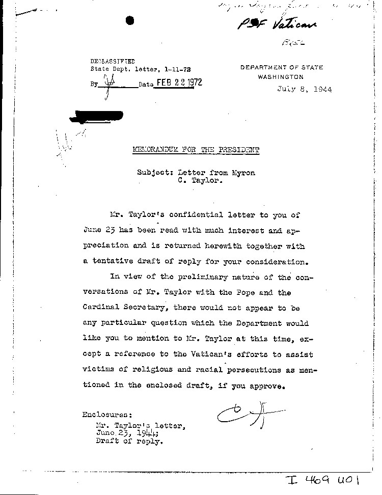 [a469u01.jpg] - Memo: Letter from Myron Taylor          7/8/44
