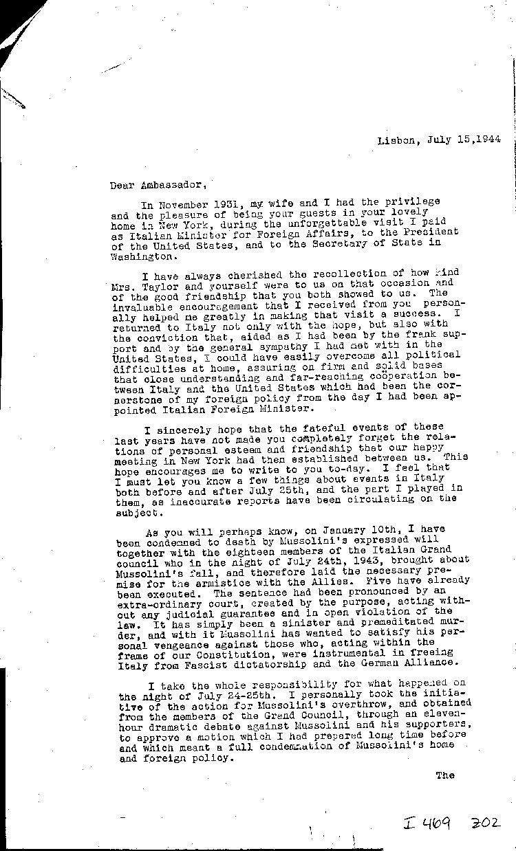 [a469z02.jpg] - Memo: Signor Dino Grandi-->Myron Taylor      7/15/44