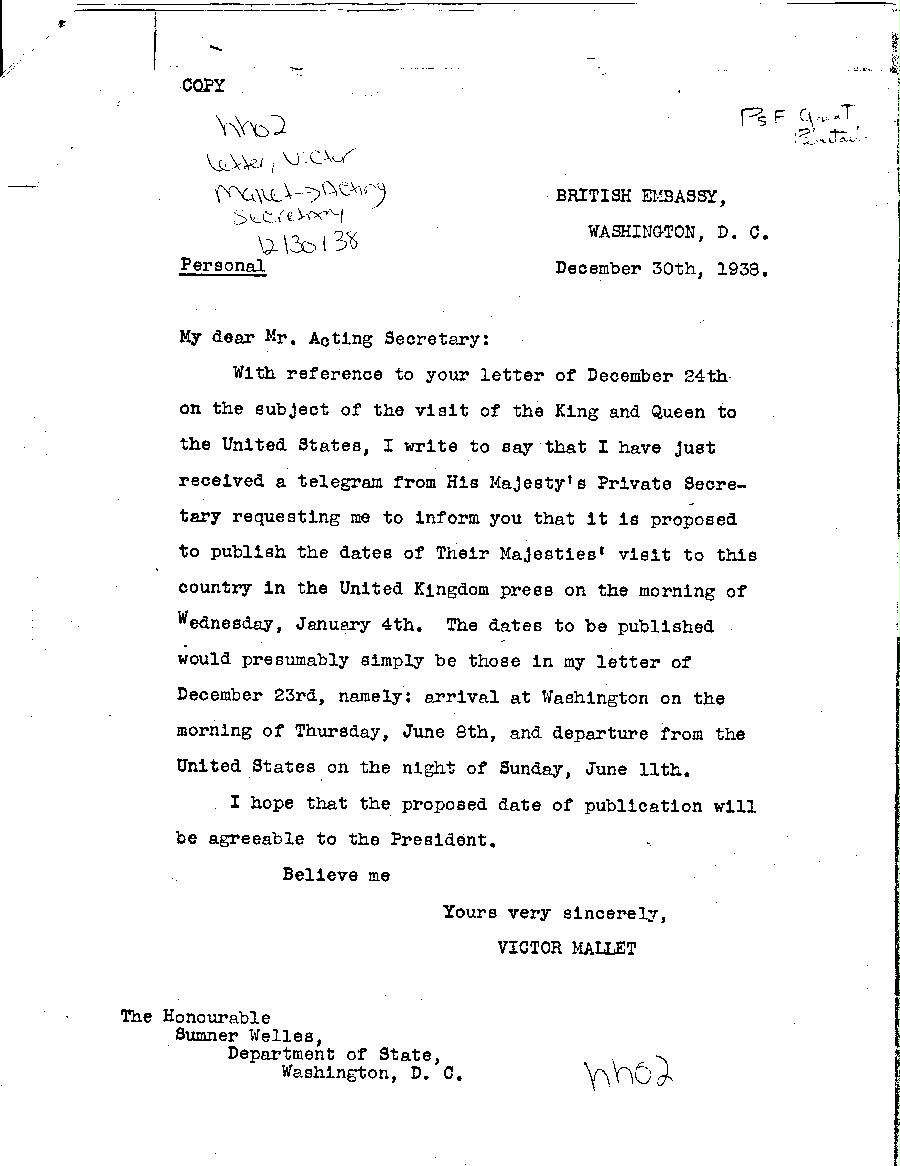 [a303hh02.jpg] - Victor Mallet-->Acting Secretary12/30/38