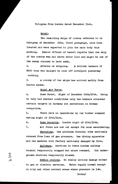 [a316b04.jpg] - Telegram from London regarding military situation 12/31/40