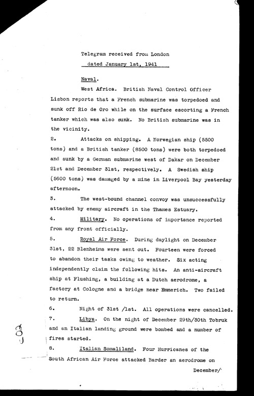 [a316c02.jpg] - Telegram from London regarding military situation 1/1/41