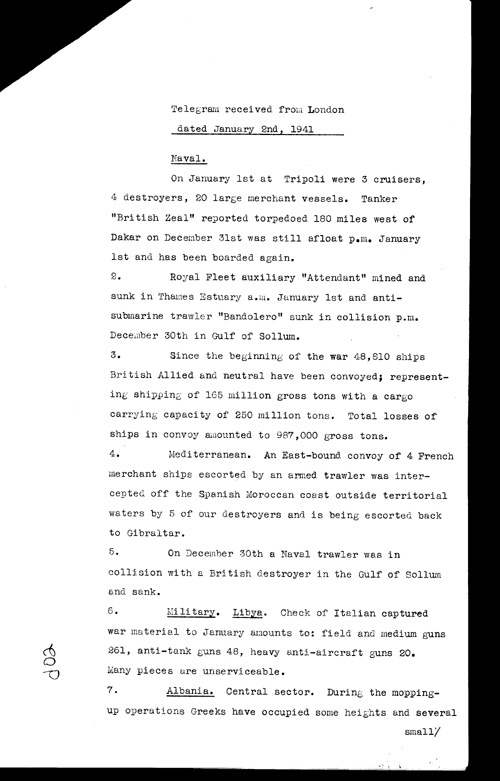 [a316d02.jpg] - Telegram from London regarding military situation 1/2/41