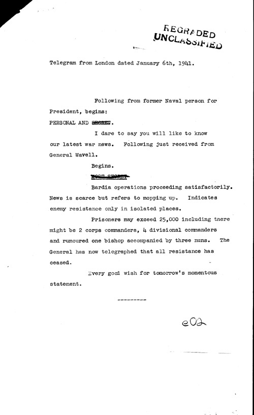 [a316e02.jpg] - Telegram from London from Prime Minister about Operation Bardia 1/6/41