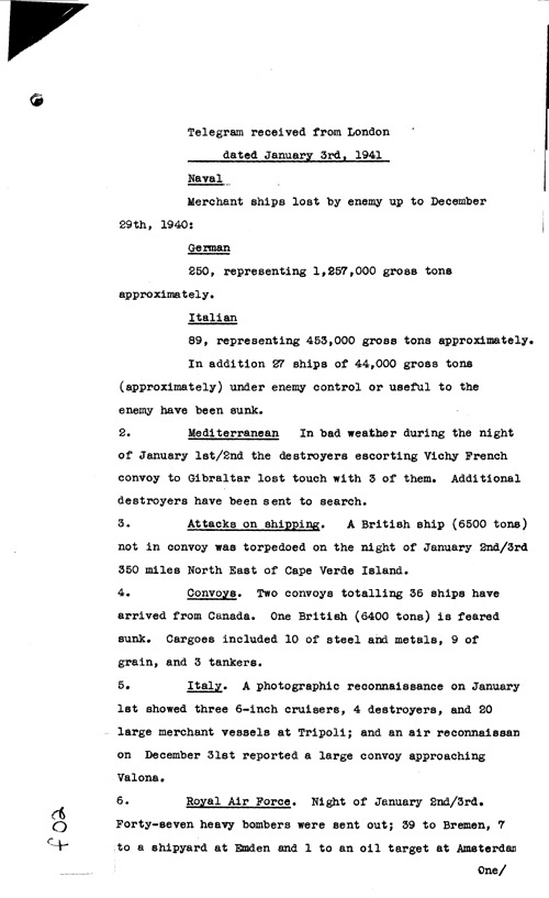 [a316f02.jpg] - Telegram from London regarding military situation 1/3/41