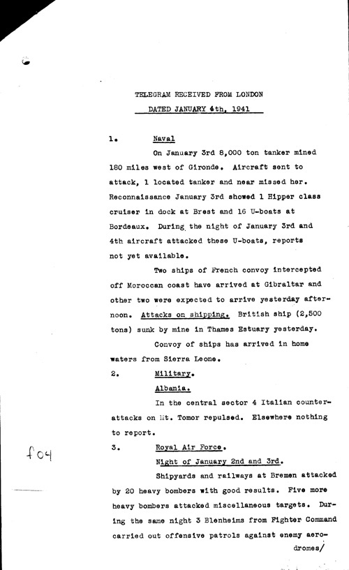 [a316f04.jpg] - Telegram from London regarding military situation 1/4/41