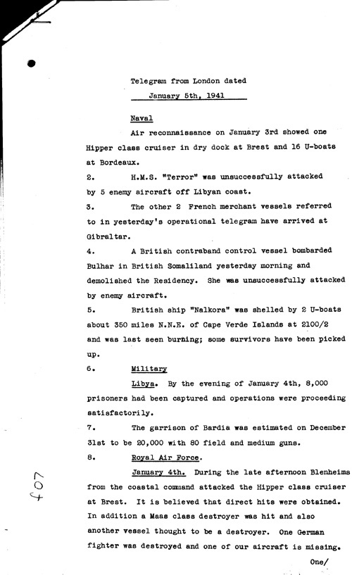 [a316f07.jpg] - Telegram from London regarding military situation 1/5/41