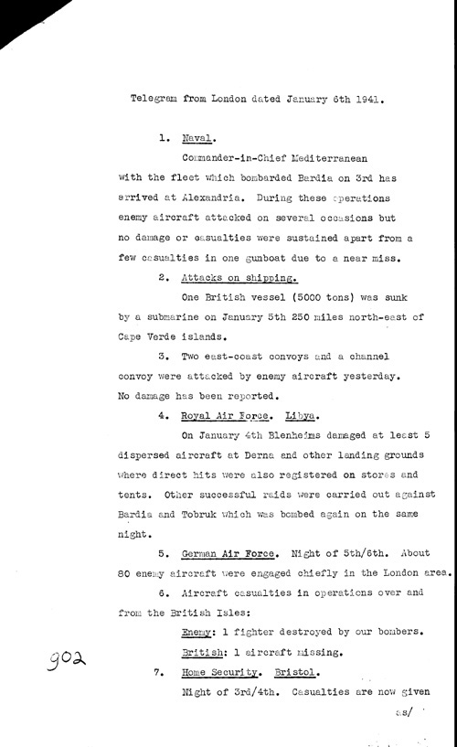 [a316g02.jpg] - Telegram from London regarding military situation 1/6/41