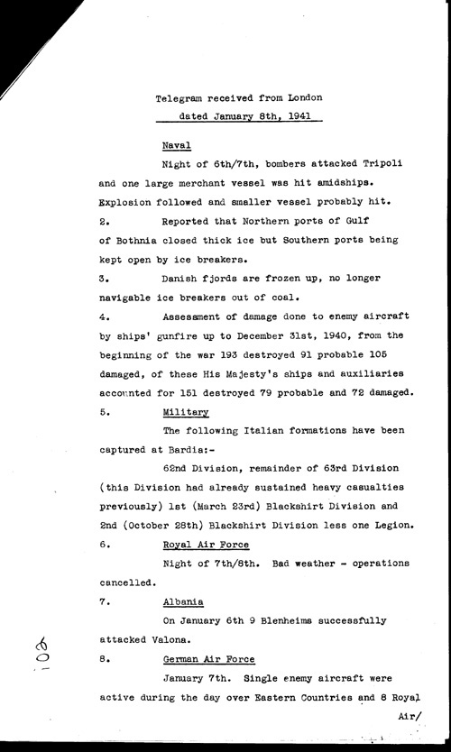 [a316i02.jpg] - Telegram from London regarding military situation 1/8/41