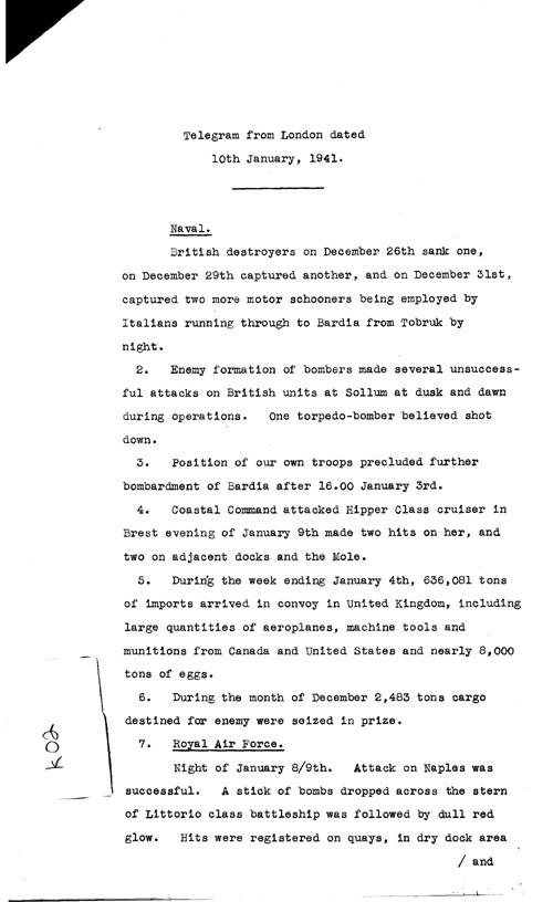 [a316k02.jpg] - Telegram from London regarding military situation 1/10/41
