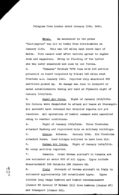 [a316o02.jpg] - Telegram from London regarding military situation 1/15/41