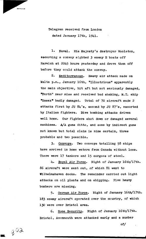 [a316q02.jpg] - Telegram from London regarding military situation 1/17/41