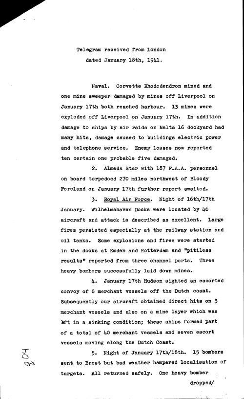 [a316q04.jpg] - Telegram from London regarding military situation 1/18/41