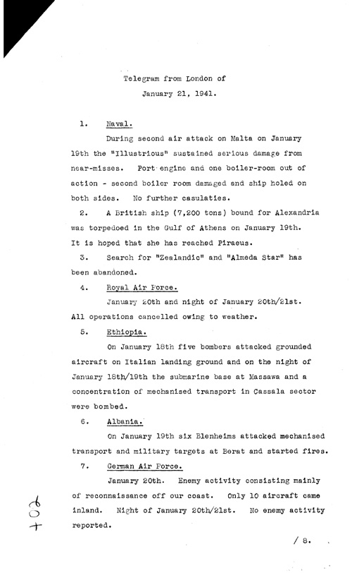 [a316t02.jpg] - Telegram from London regarding military situation 1/21/41