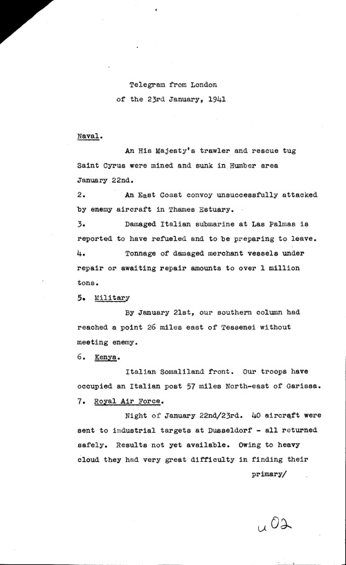 [a316u02.jpg] - Telegram from London regarding military situation 1/23/41