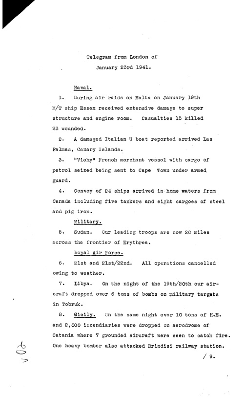 [a316v02.jpg] - Telegram from London regarding military situation 1/21/41