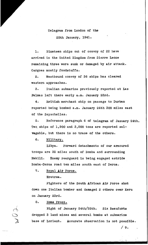 [a316w02.jpg] - Telegram from London regarding military situation 1/25/41