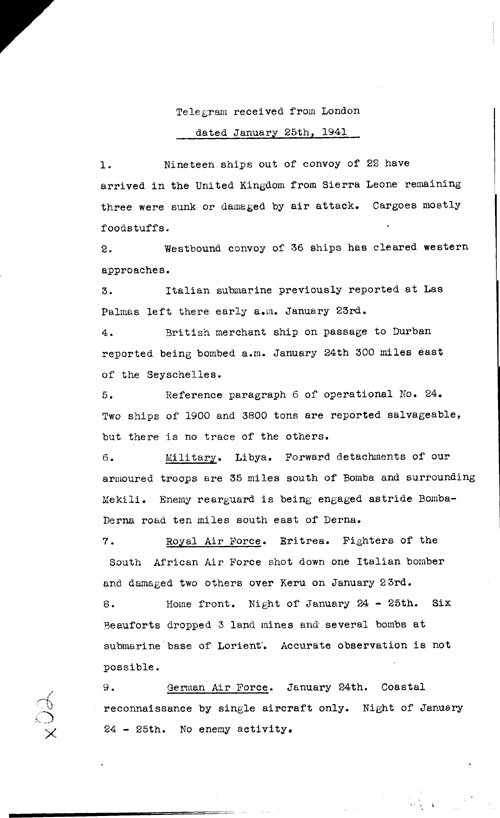 [a316x02.jpg] - Telegram from London regarding military situation 1/25/41