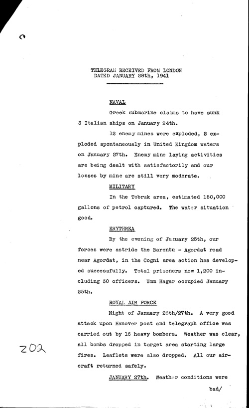 [a316z02.jpg] - Telegram from London regarding military situation 1/28/41